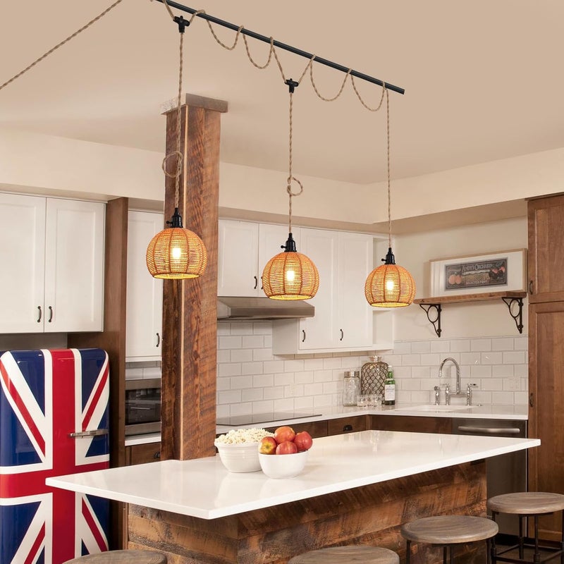 KENMI 3-Light Hanging Light with Plug in Cord,Plug in Pendant Light 22ft Hemp Rope Pendant Lighting Vintage 3-Light Hanging Lamp Fixtures for Kitchen Island Living Room Bedroom - Image 4